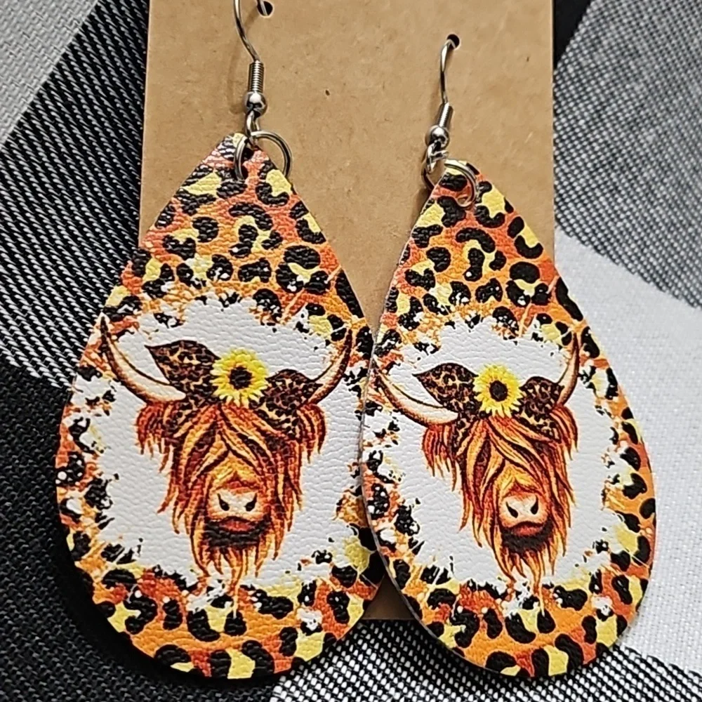 Handmade New Faux Leather Highland Cow Leopard Print Sunflower Dangle Earrings